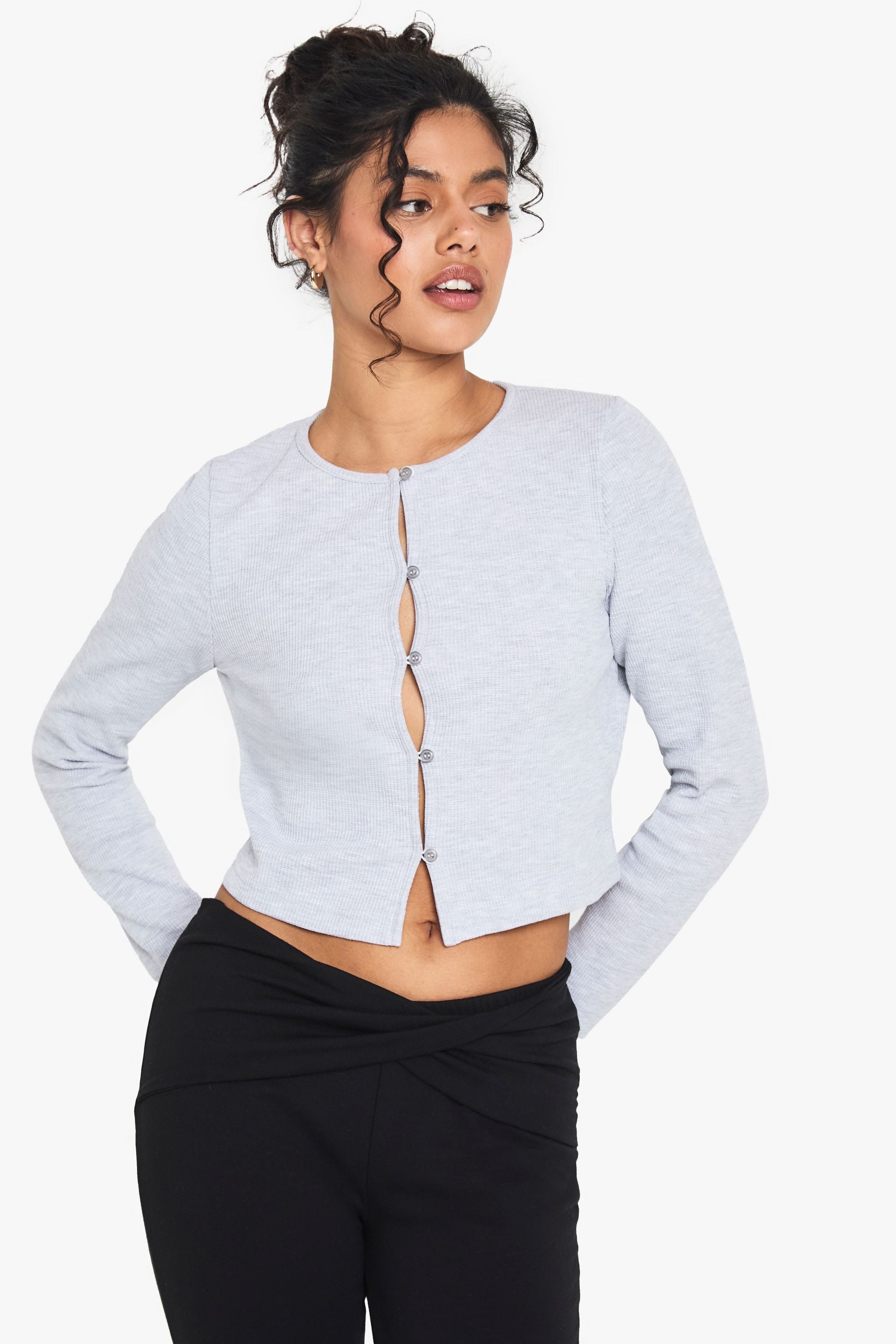 Waffle Button Front Scoop Neck Top