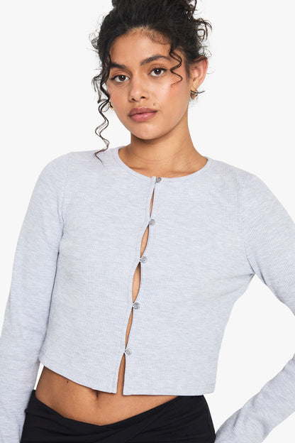 Waffle Button Front Scoop Neck Top