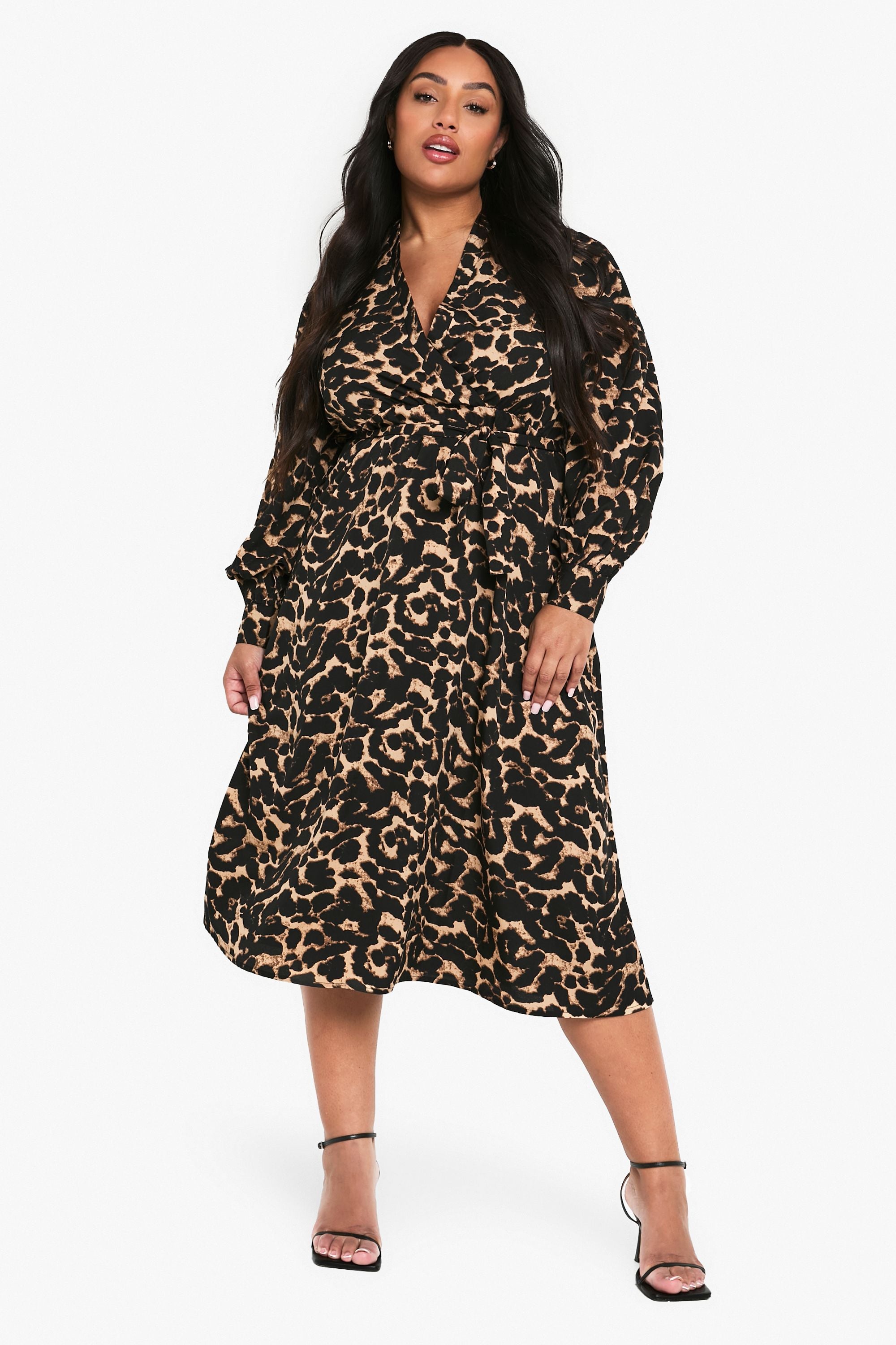 Plus Leopard Print Belted Skater Dress