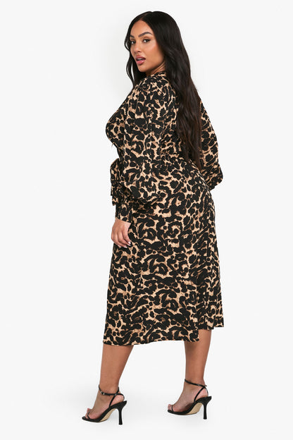 Plus Leopard Print Belted Skater Dress