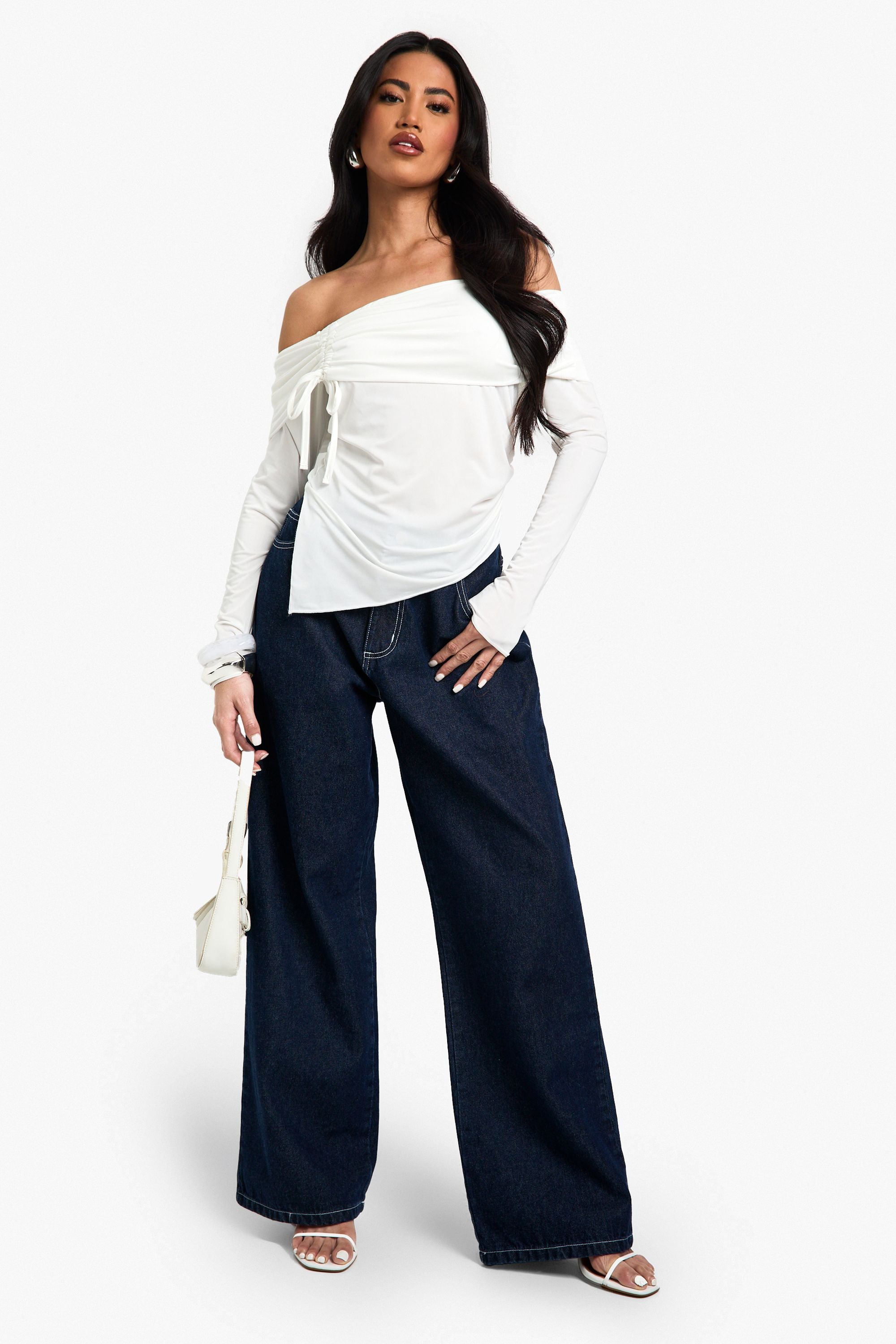 Slinky Bardot Ruched Front Long Sleeve Top