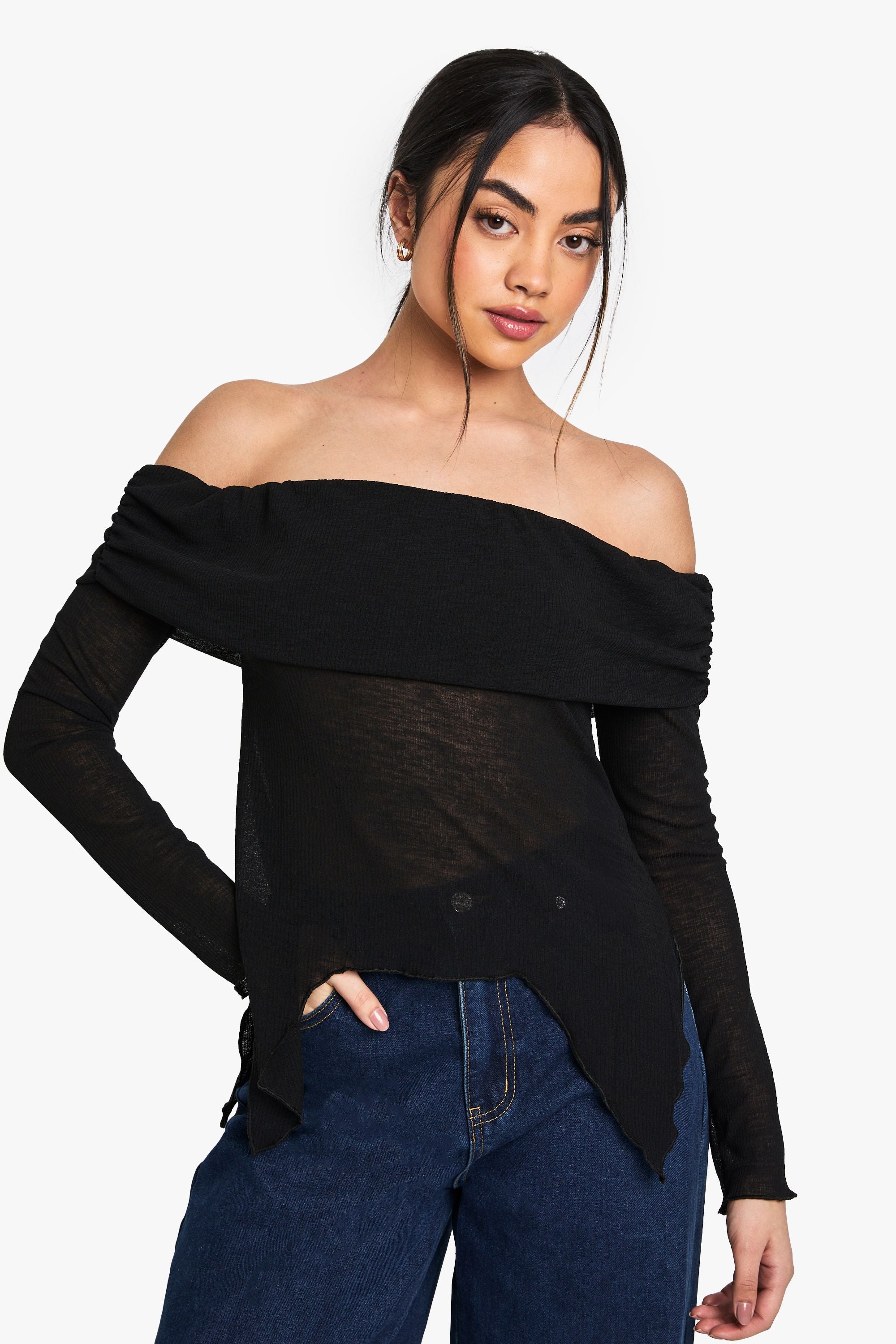 Sheer Mesh Bardot Top with Drape Detail