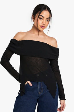 Sheer Mesh Bardot Top with Drape Detail