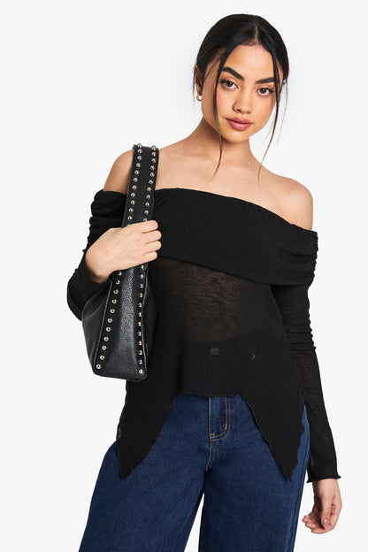 Sheer Mesh Bardot Top with Drape Detail