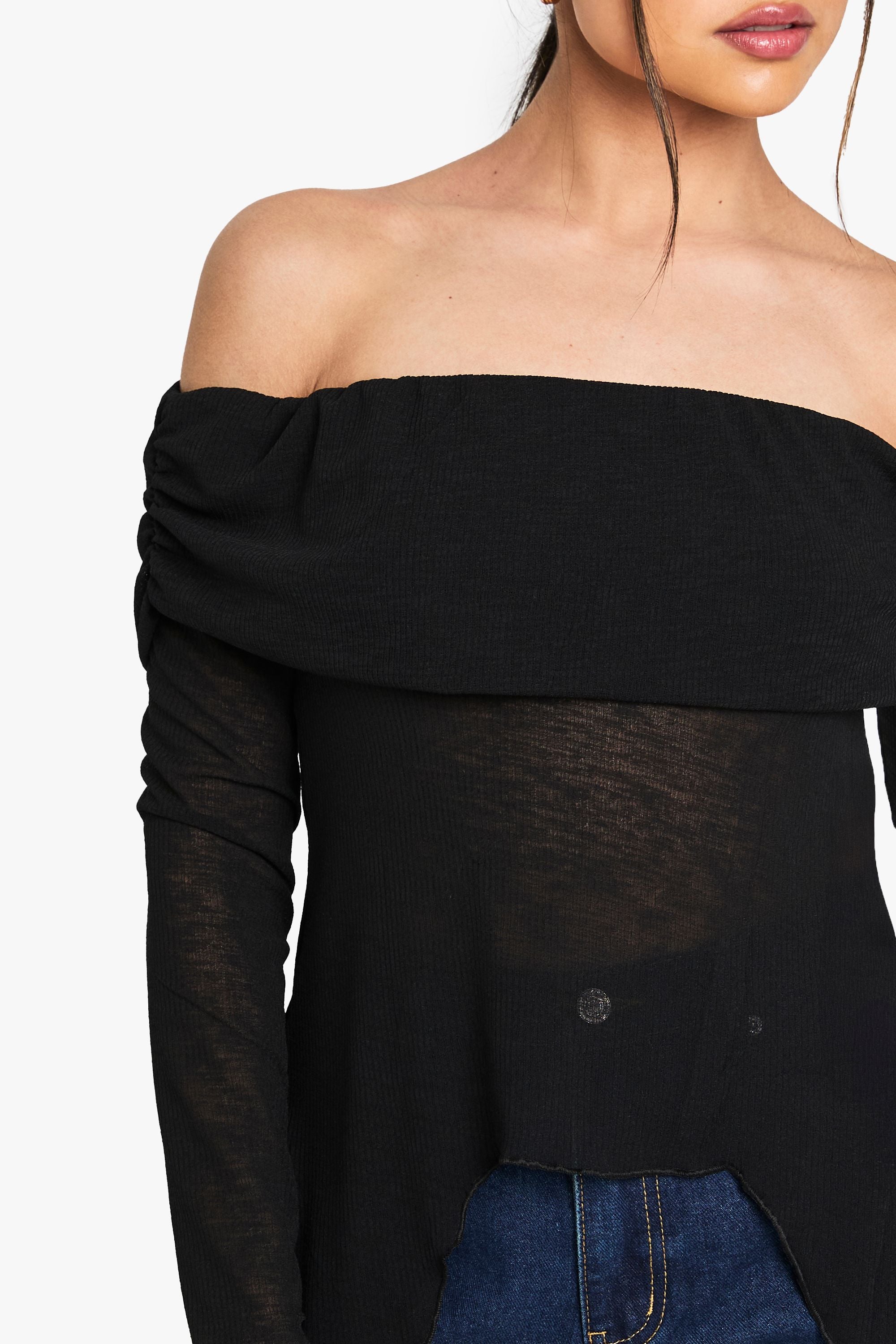 Sheer Mesh Bardot Top with Drape Detail