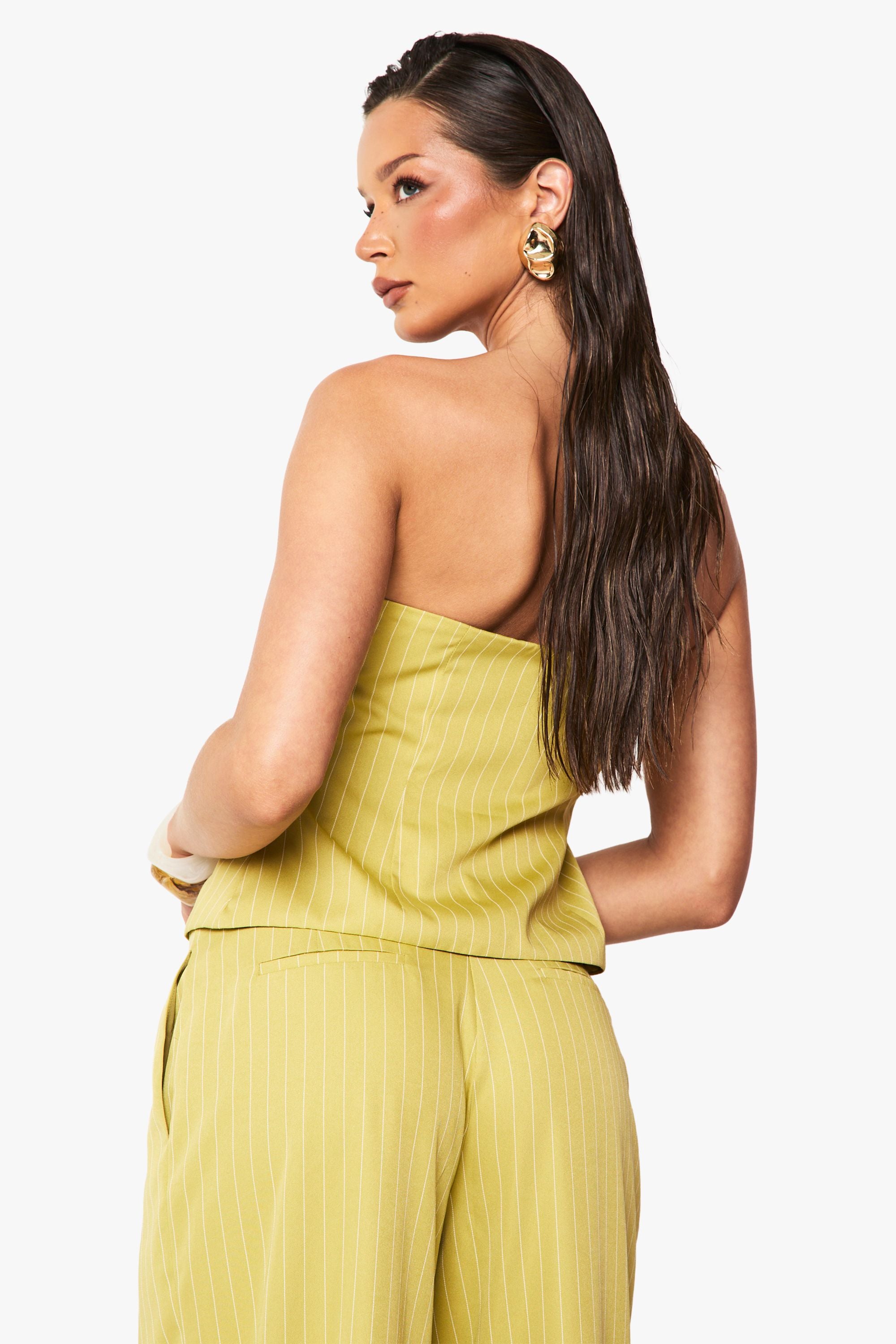 Woven Pinstripe Ruched Bandeau Top