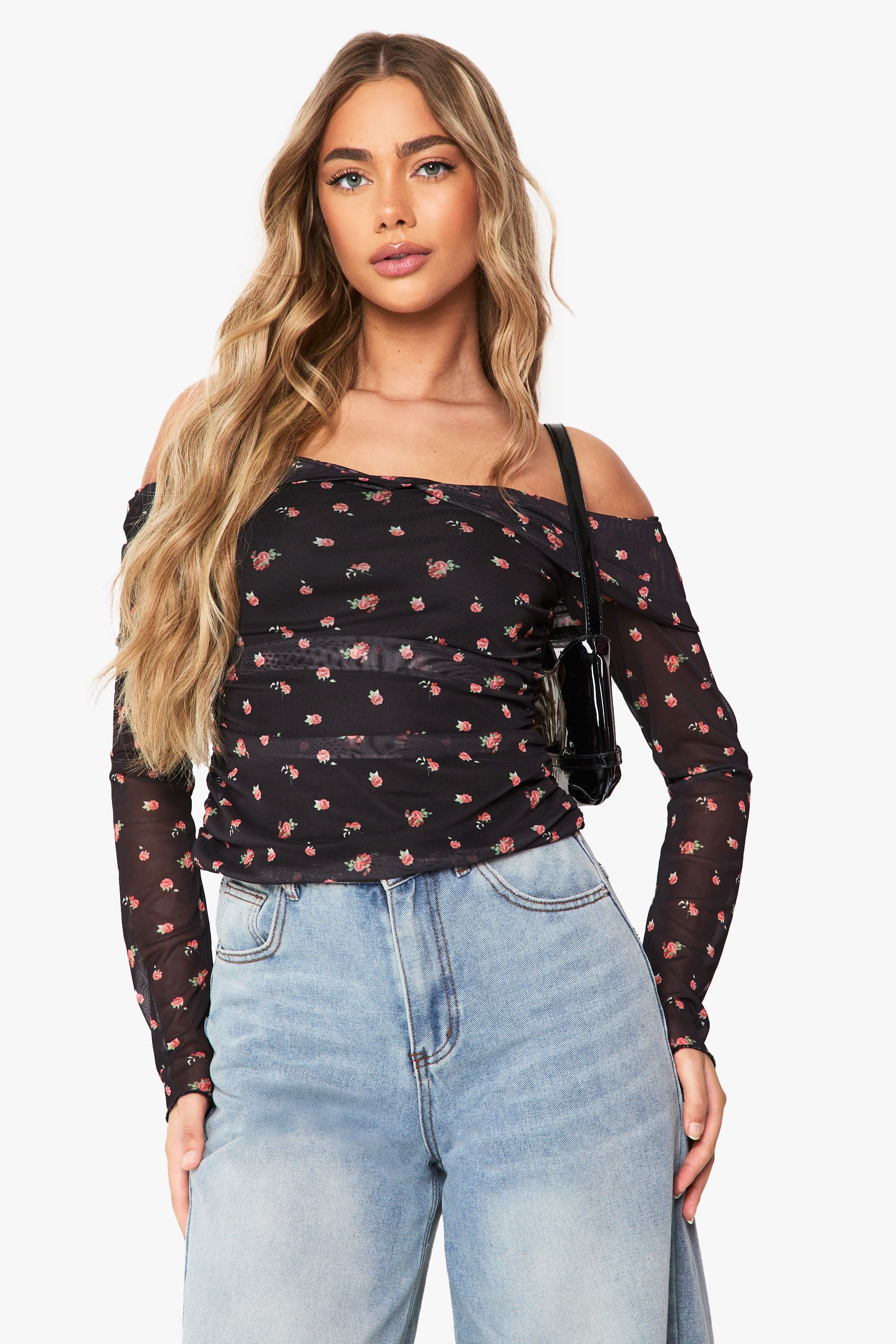 Printed Mesh Bardot Ruched Top