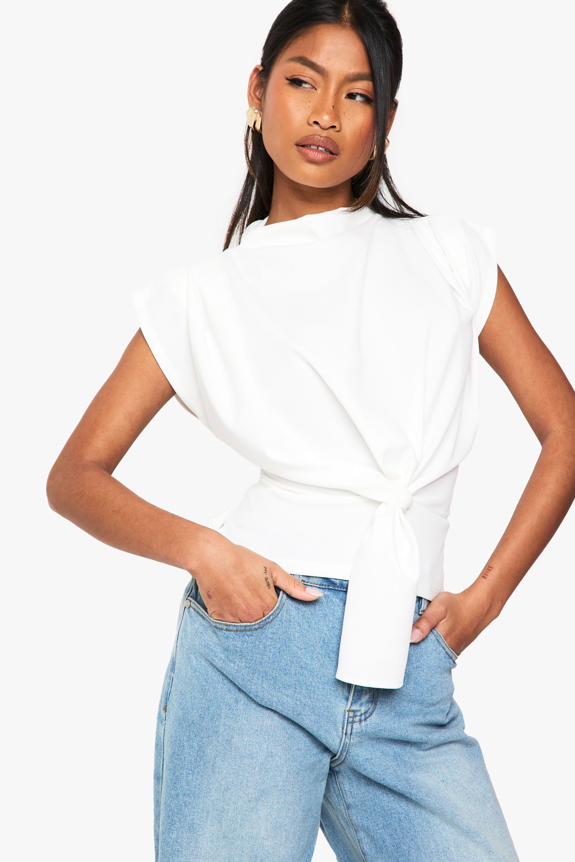Crepe Knot Cowl Neck Blouse
