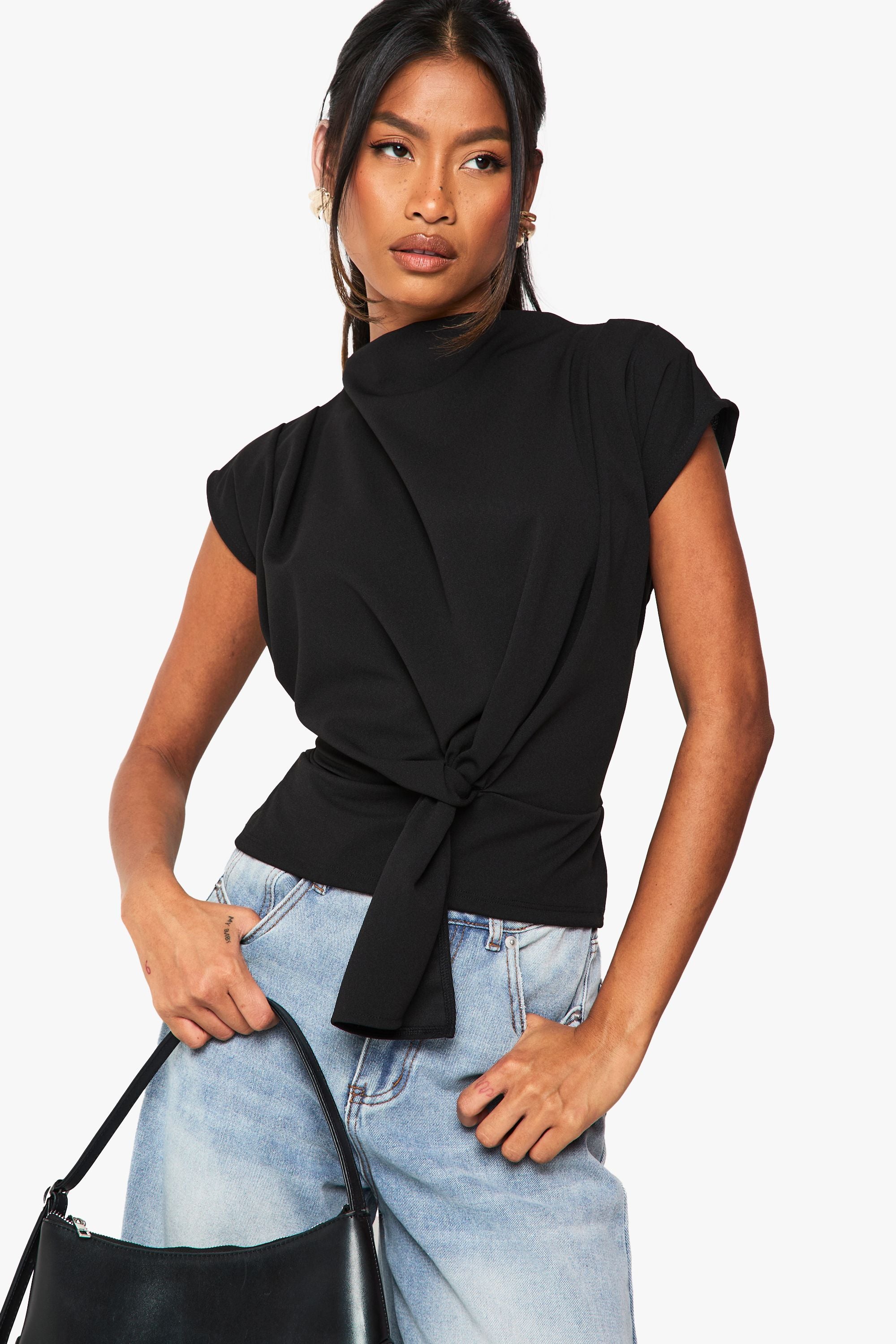 Crepe Knot Cowl Neck Blouse
