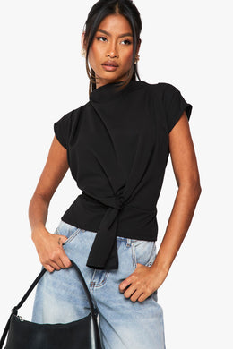Crepe Knot Cowl Neck Blouse