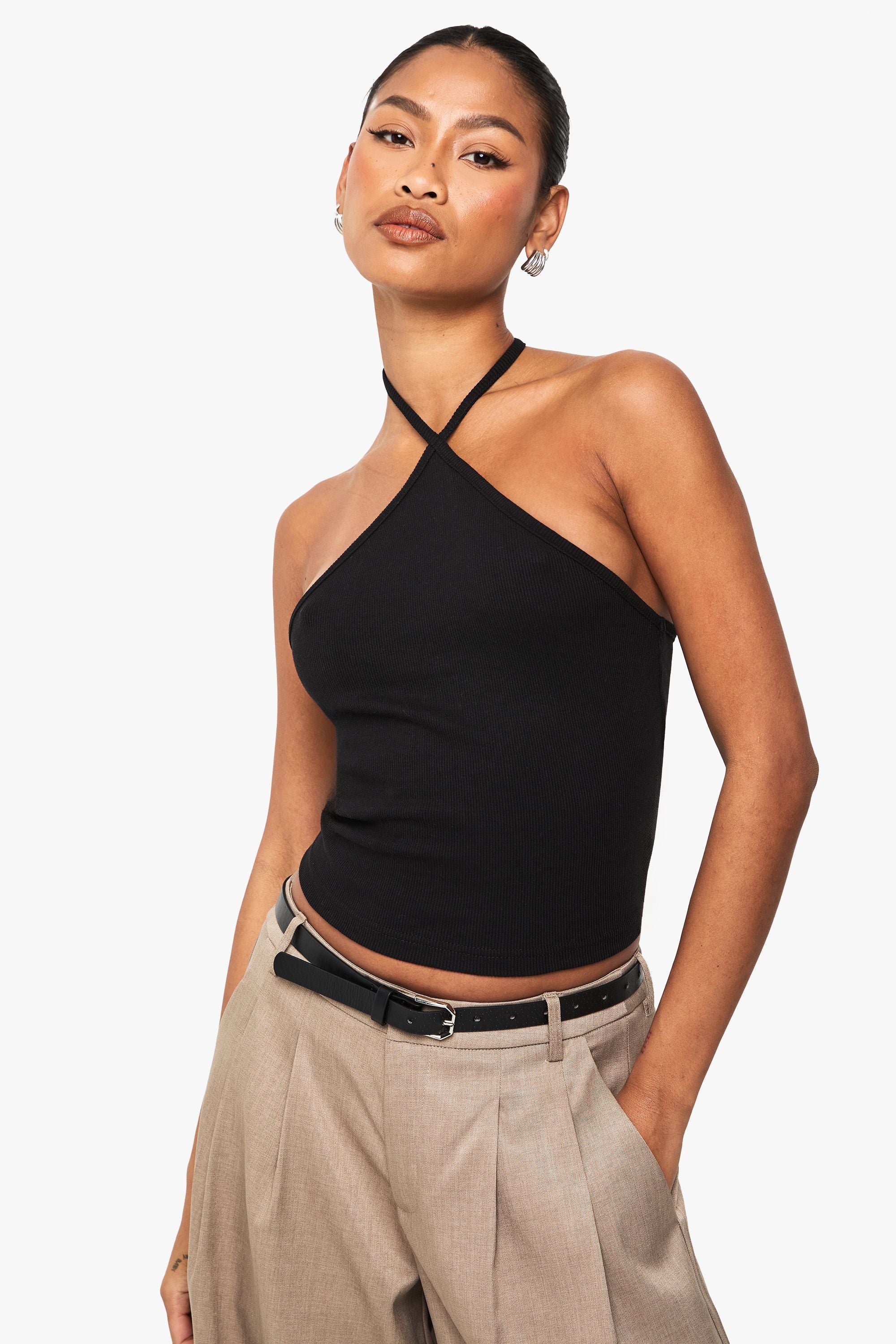 Basic Rib Strappy Halterneck Vest Top