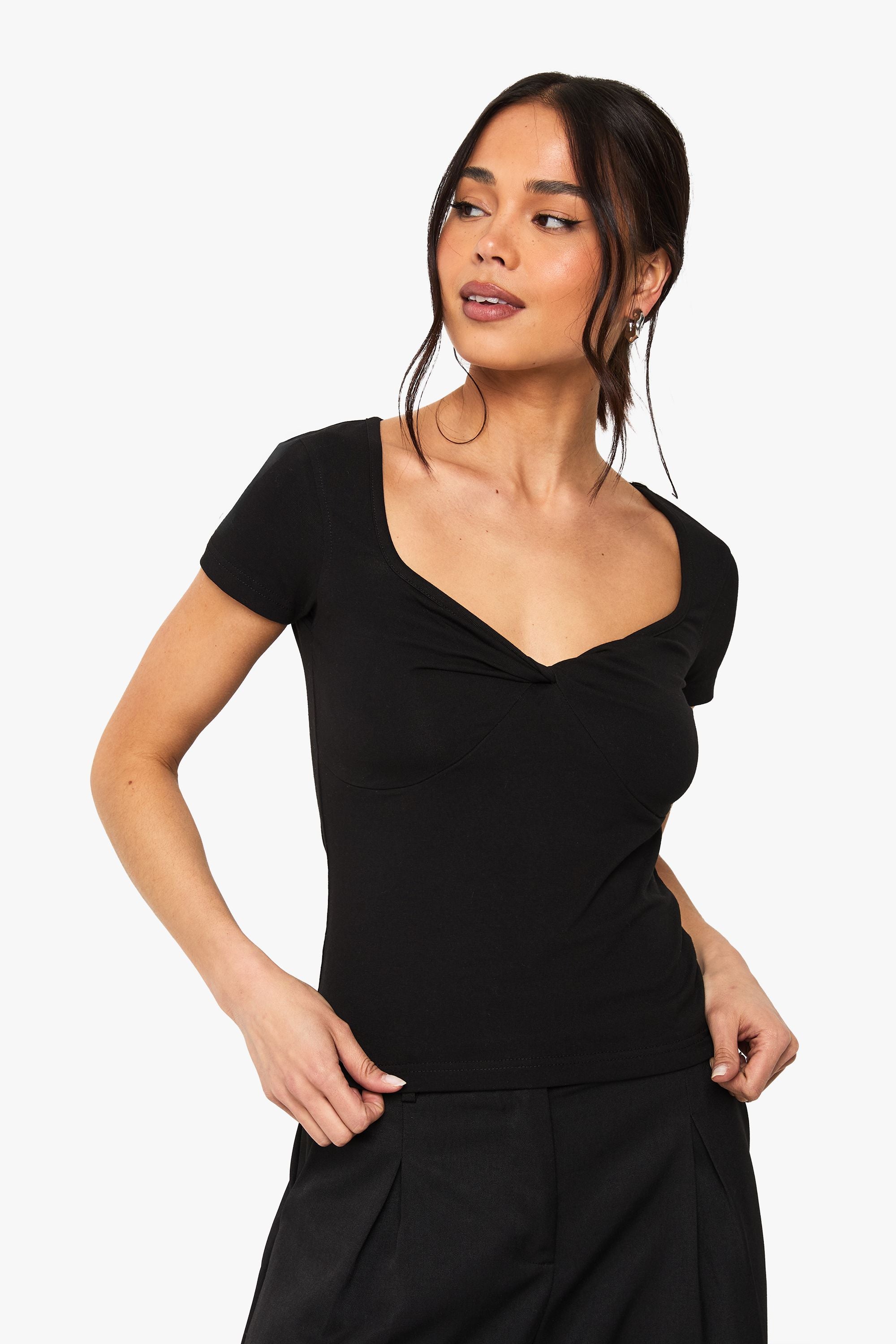 Twist Front Sweetheart Neckline Cap Sleeve Top