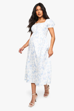 Maternity Bengaline Puff Sleeve Porcelain Print Milkmaid Midi Dress