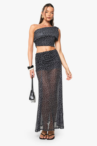 Polka Dot Mesh Off Shoulder Top