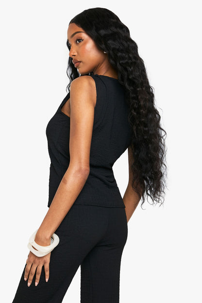 Textured Tie Front Sleeveless Top