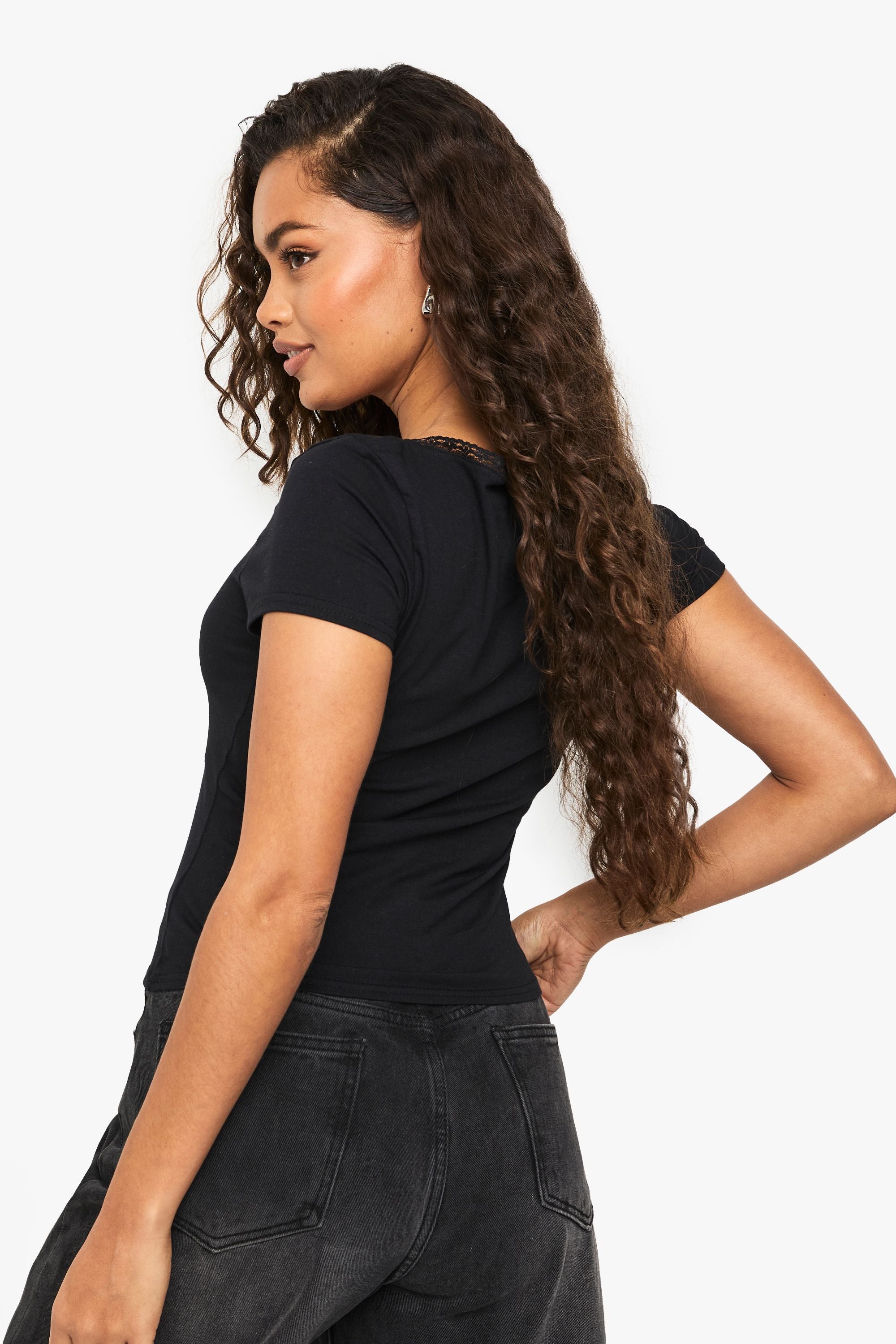 Cotton Lace Trim V Neck Top