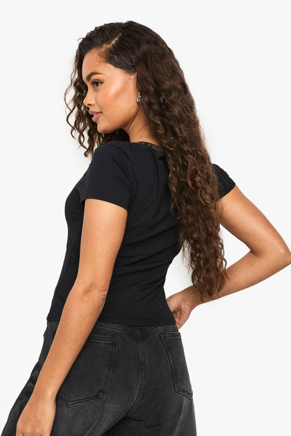 Cotton Lace Trim V Neck Top