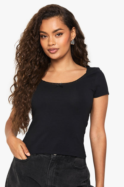 Cotton Lace Trim V Neck Top