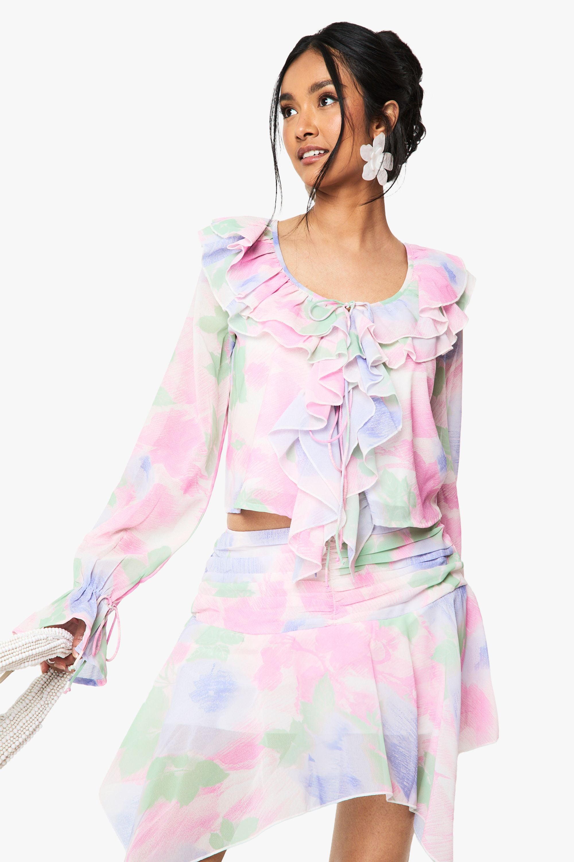Floral Chiffon Ruffle Blouse