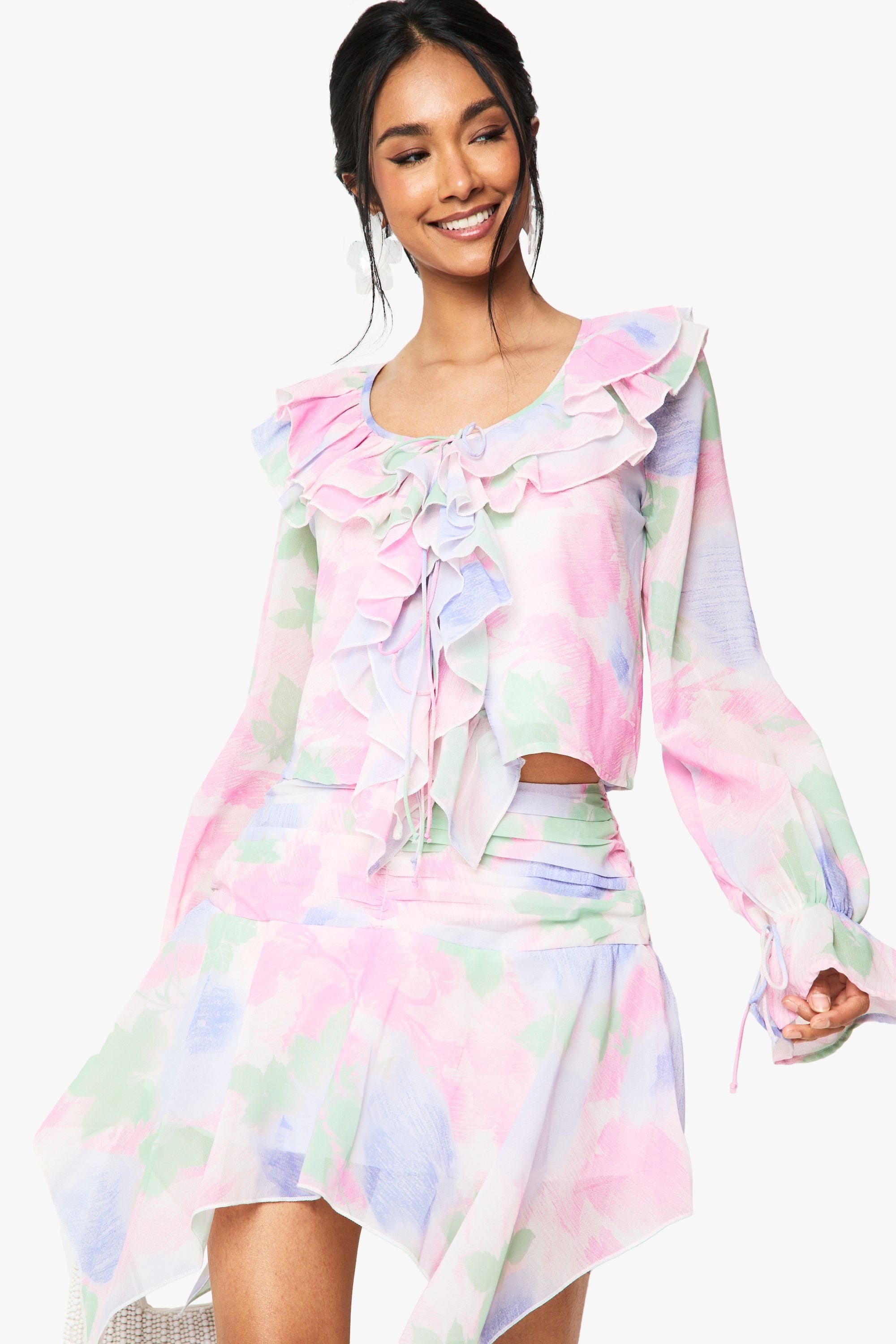 Floral Chiffon Hanky Hem Mini Skirt