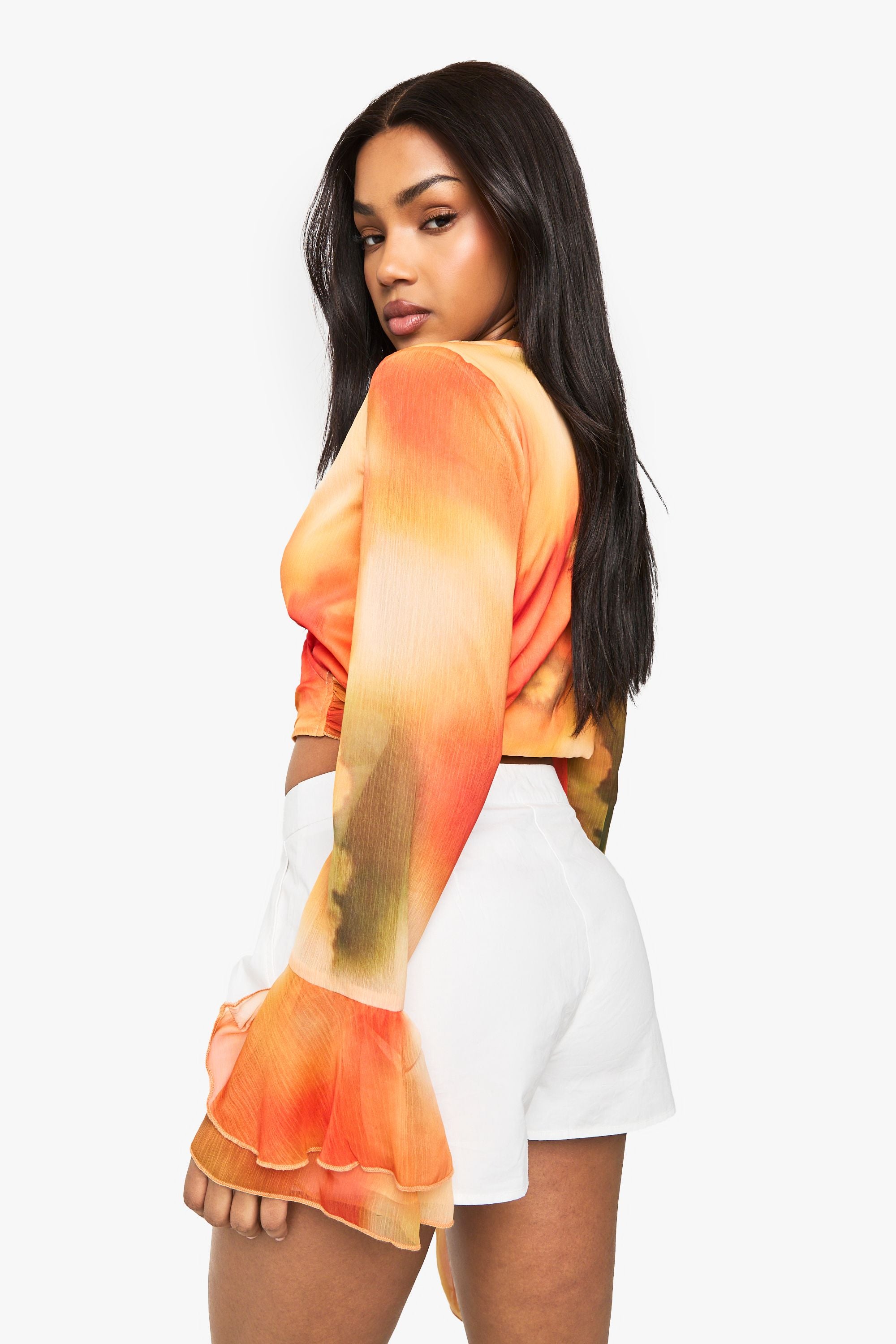 Abstract Chiffon Tie Front Flare Sleeve Blouse