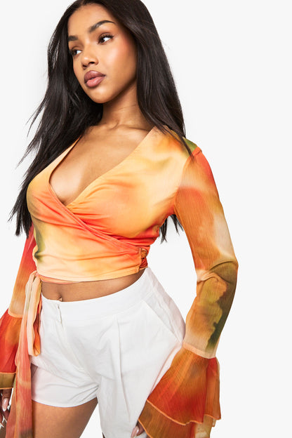 Abstract Chiffon Tie Front Flare Sleeve Blouse