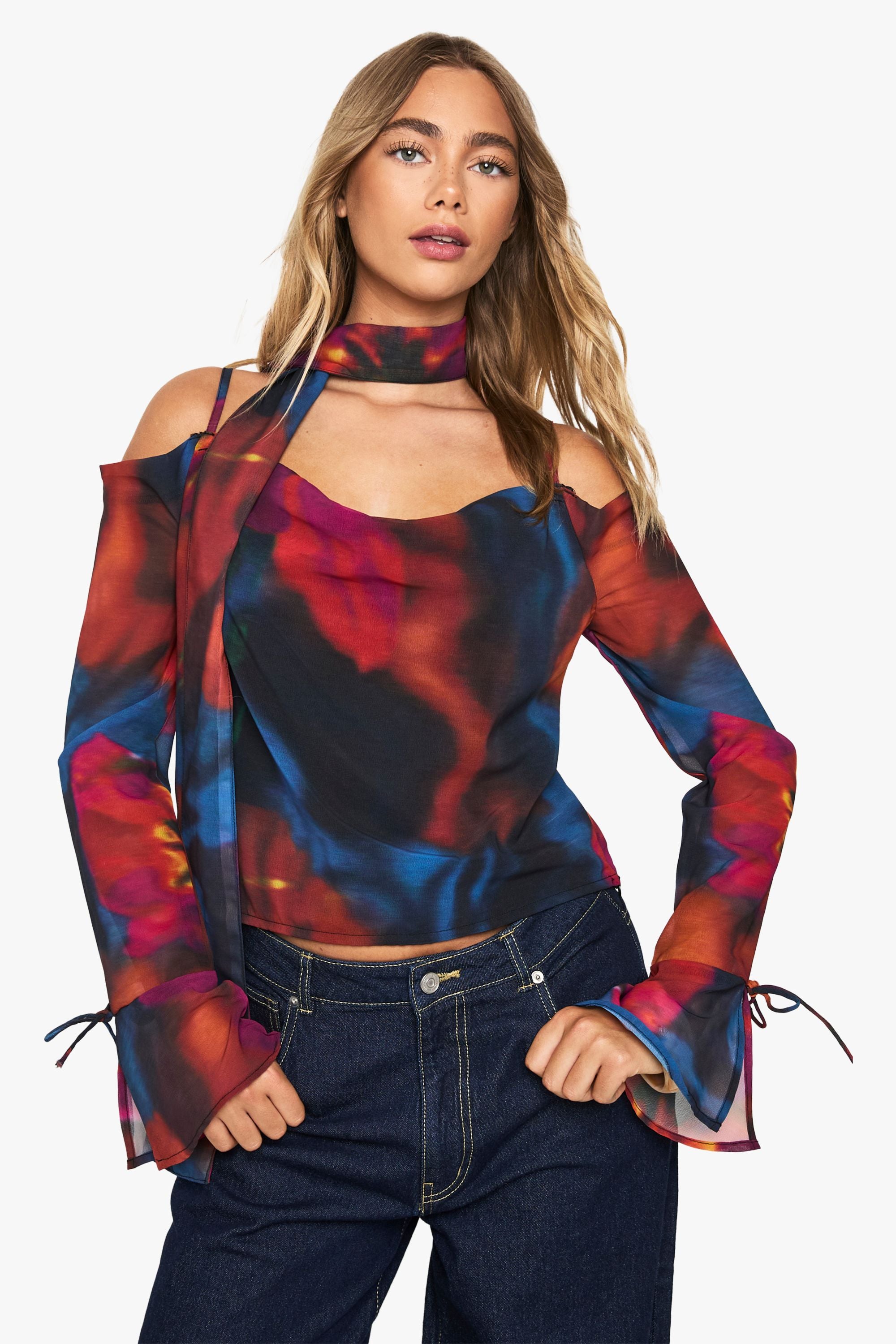 Abstract Floral Chiffon Cowl Neck Scarf Top