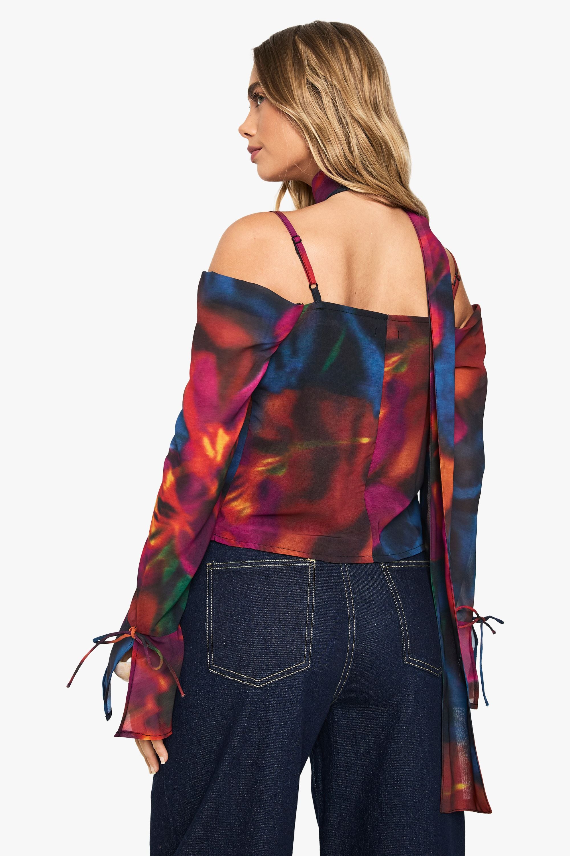 Abstract Floral Chiffon Cowl Neck Scarf Top