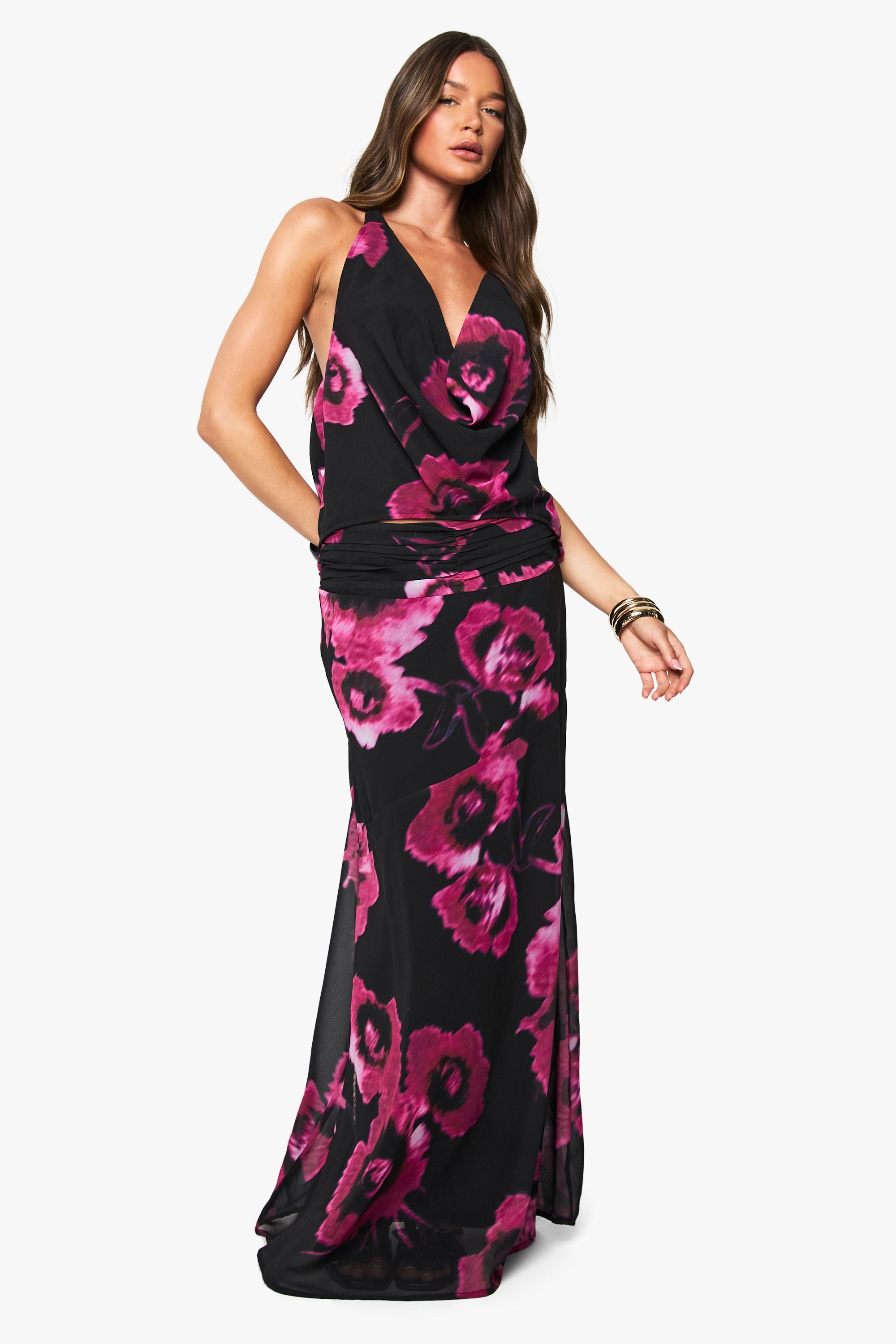 Floral Chiffon Cowl Neck Halter Top