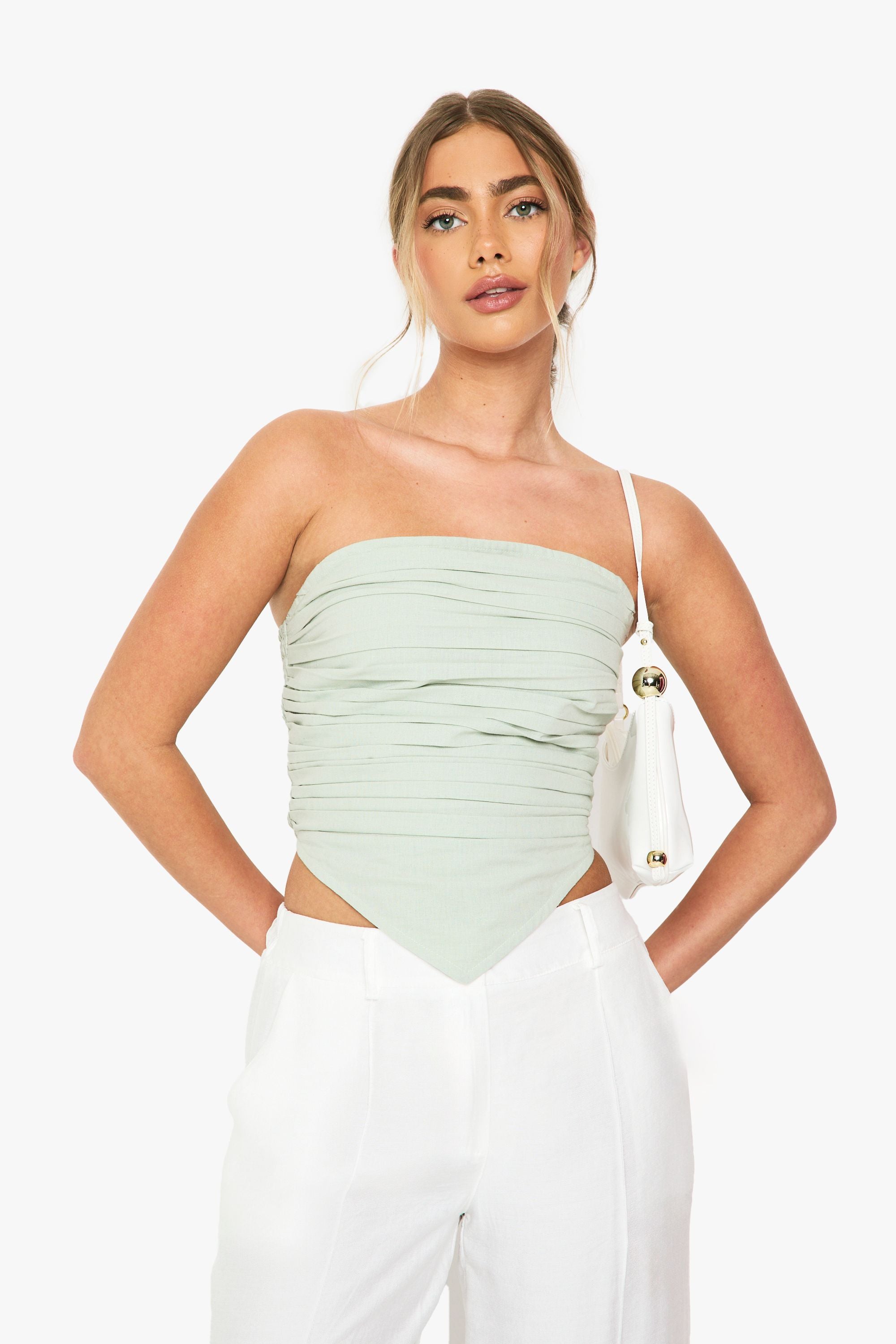 Linen Pleated Bandeau Crop Top