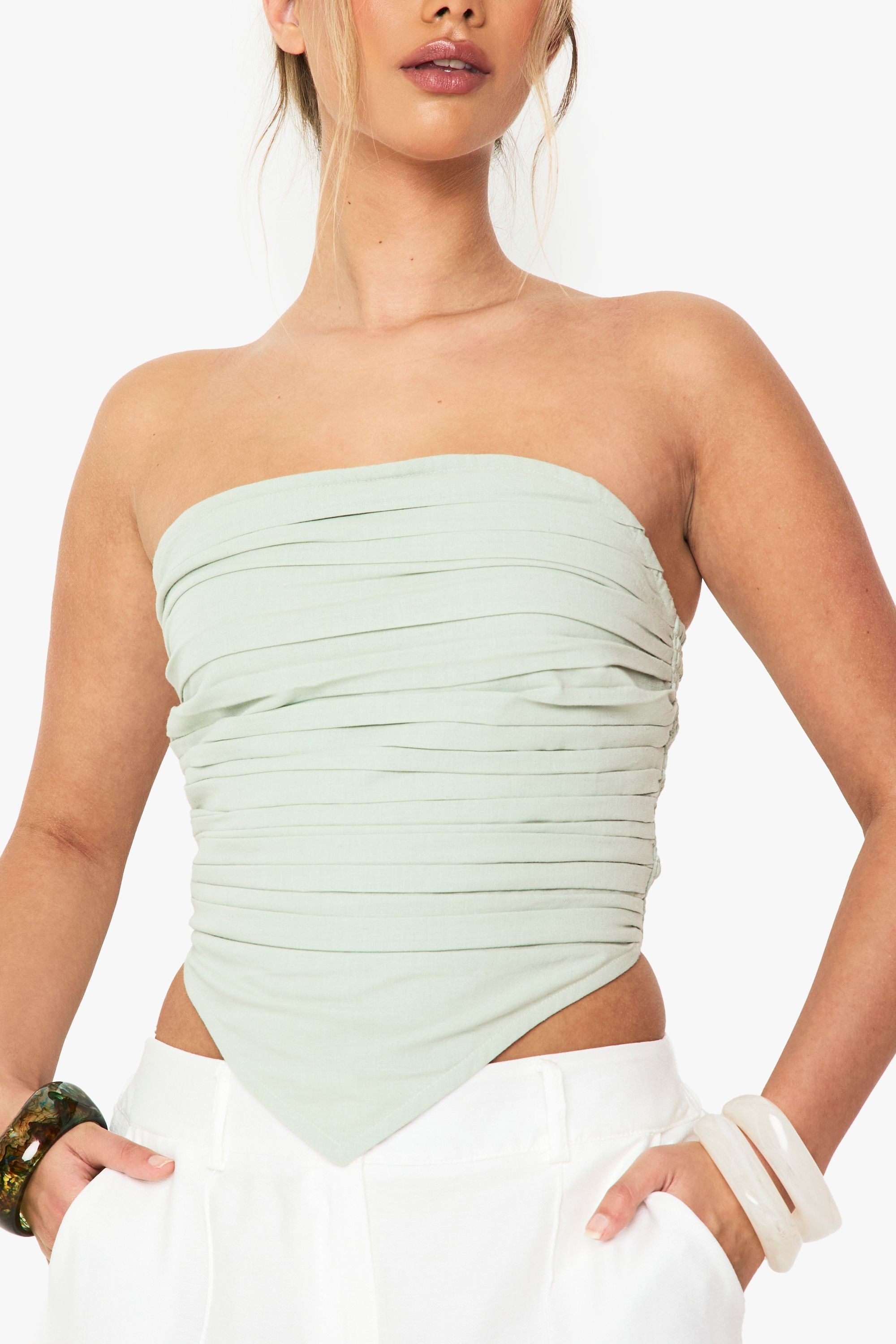 Linen Pleated Bandeau Crop Top
