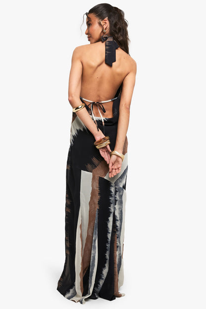 Chiffon Abstract Halter neck Cowl Maxi Dress
