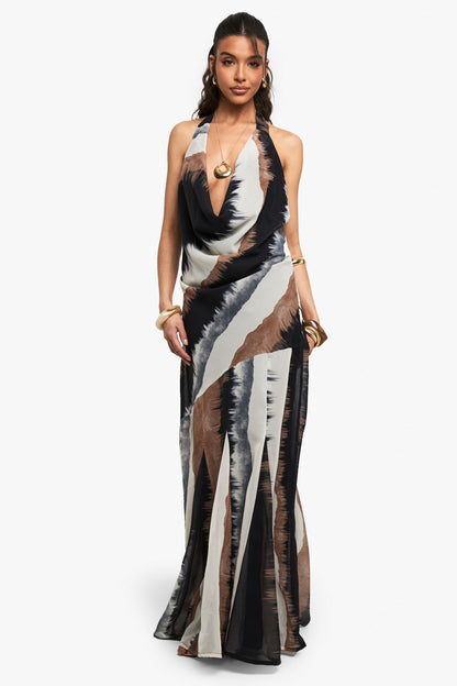 Chiffon Abstract Halter neck Cowl Maxi Dress