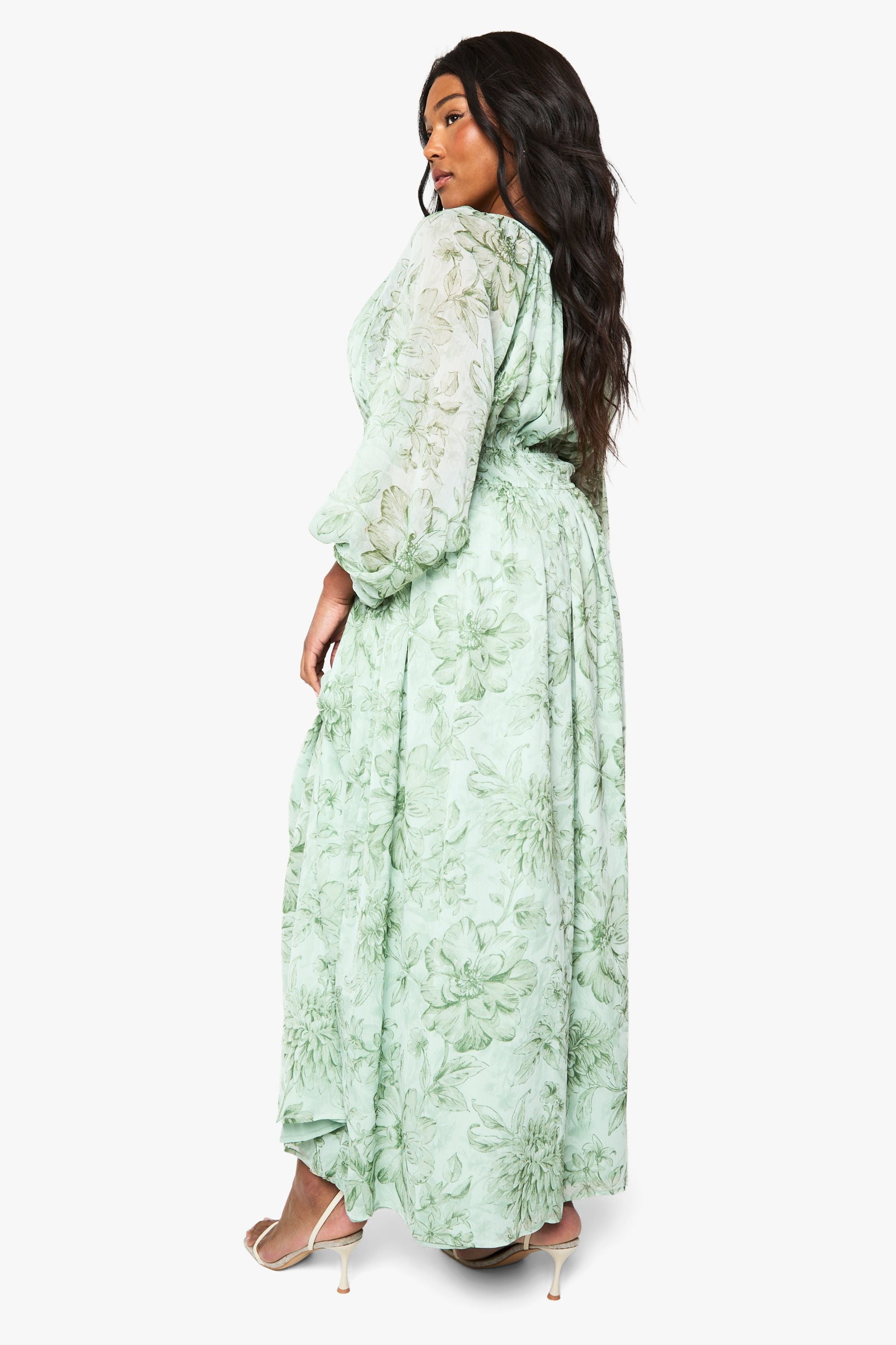 Plus Floral Chiffon Ruched Blouson Sleeve Maxi Dress