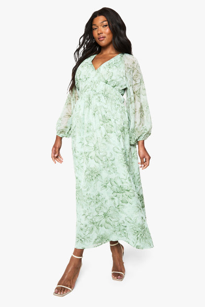 Plus Floral Chiffon Ruched Blouson Sleeve Maxi Dress