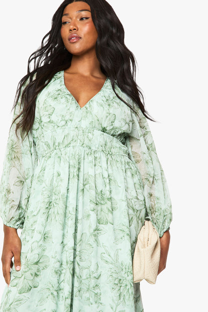 Plus Floral Chiffon Ruched Blouson Sleeve Maxi Dress