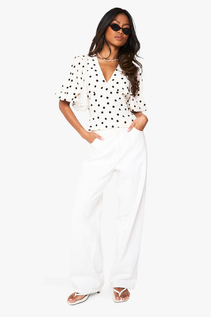 Satin Polka Dot Puff Sleeve Blouse