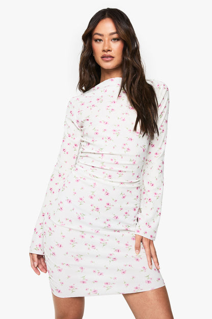 Tall Textured Floral Draped Neck Mini Dress