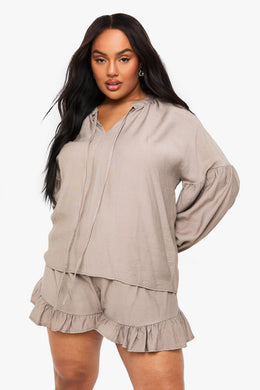Plus Linen Look Frill Hem Short