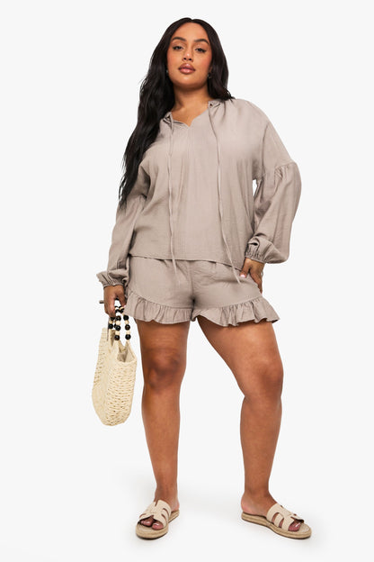 Plus Linen Look Frill Hem Short