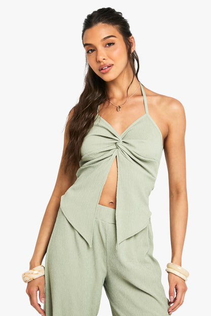 Crinkle Twist Front Halterneck Top