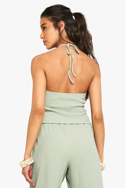 Crinkle Twist Front Halterneck Top