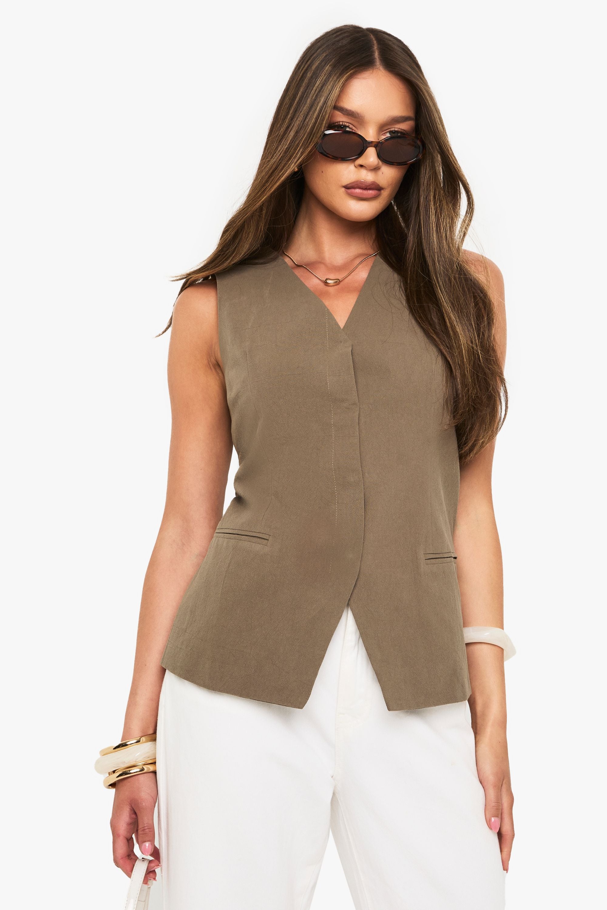 Linen  Longline V Neck Tailored Waistcoat