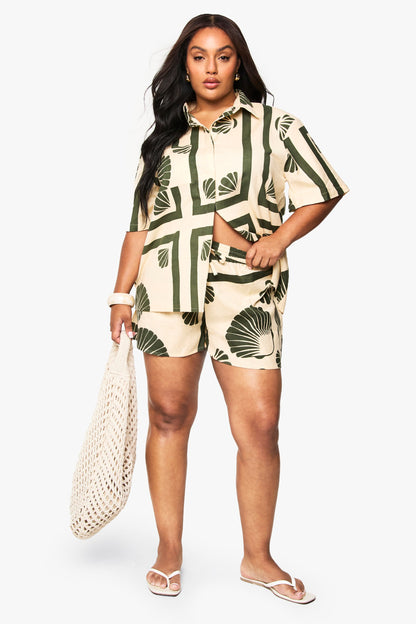 Plus Shell Print Linen Shorts