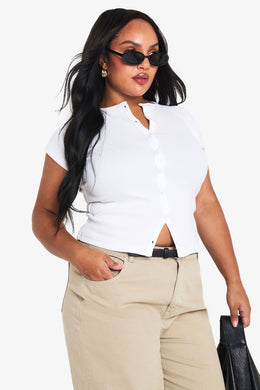 Plus Rib Button Through Cap Sleeve Top