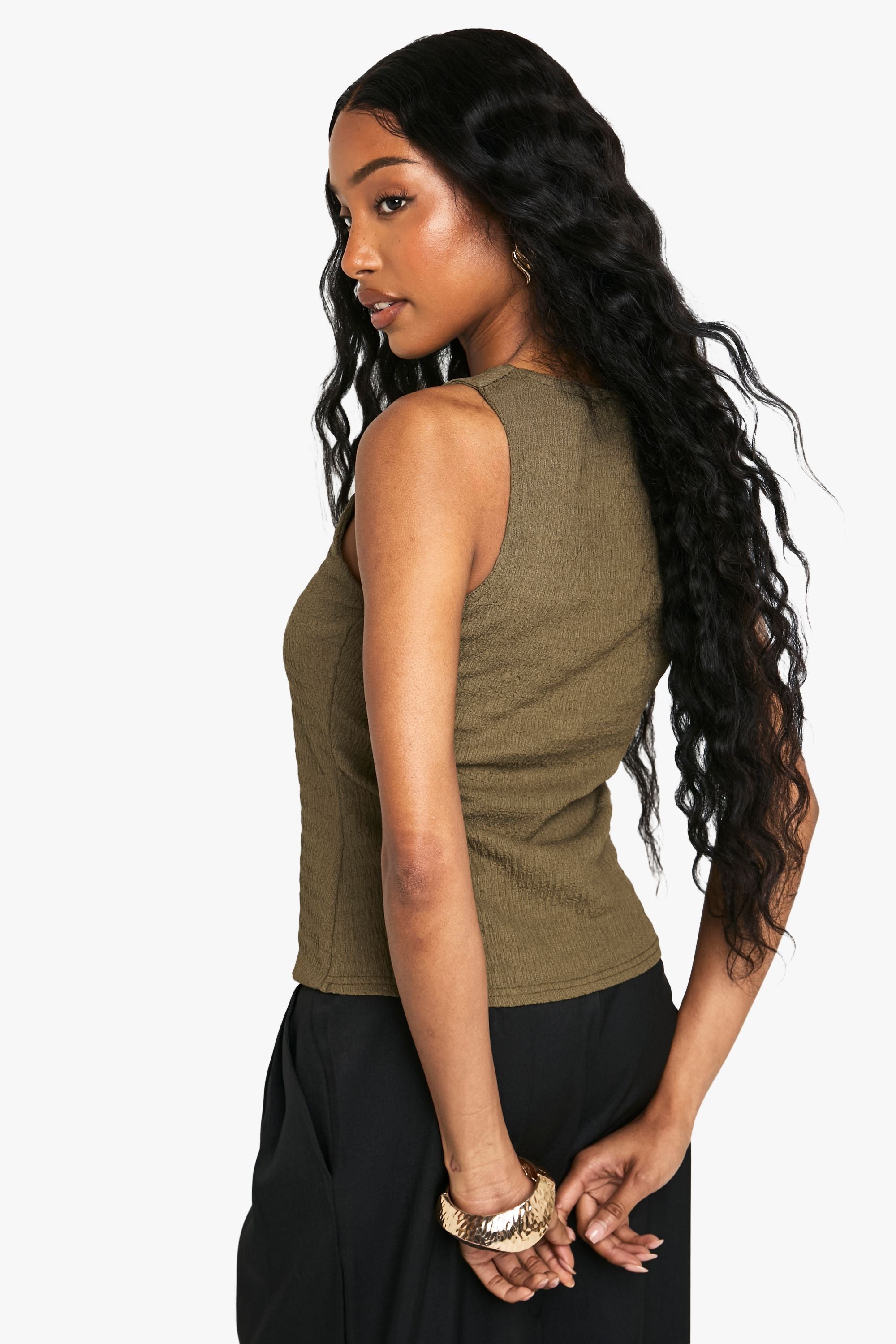 Textured Square Neck Button Detail Top