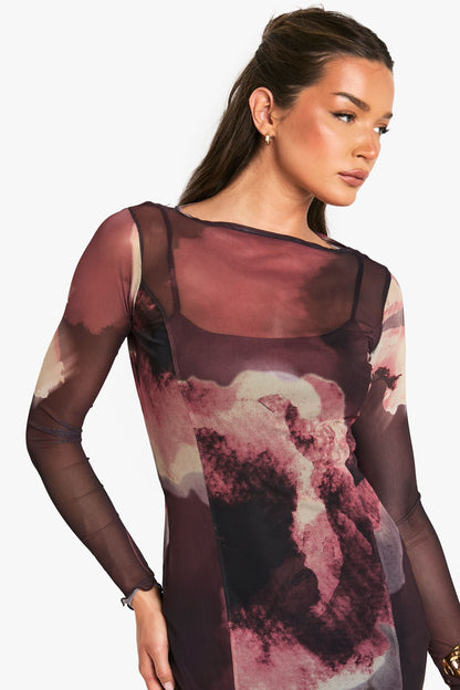 Slash Neck Floral Mesh Print Godet Hem Midaxi Dress