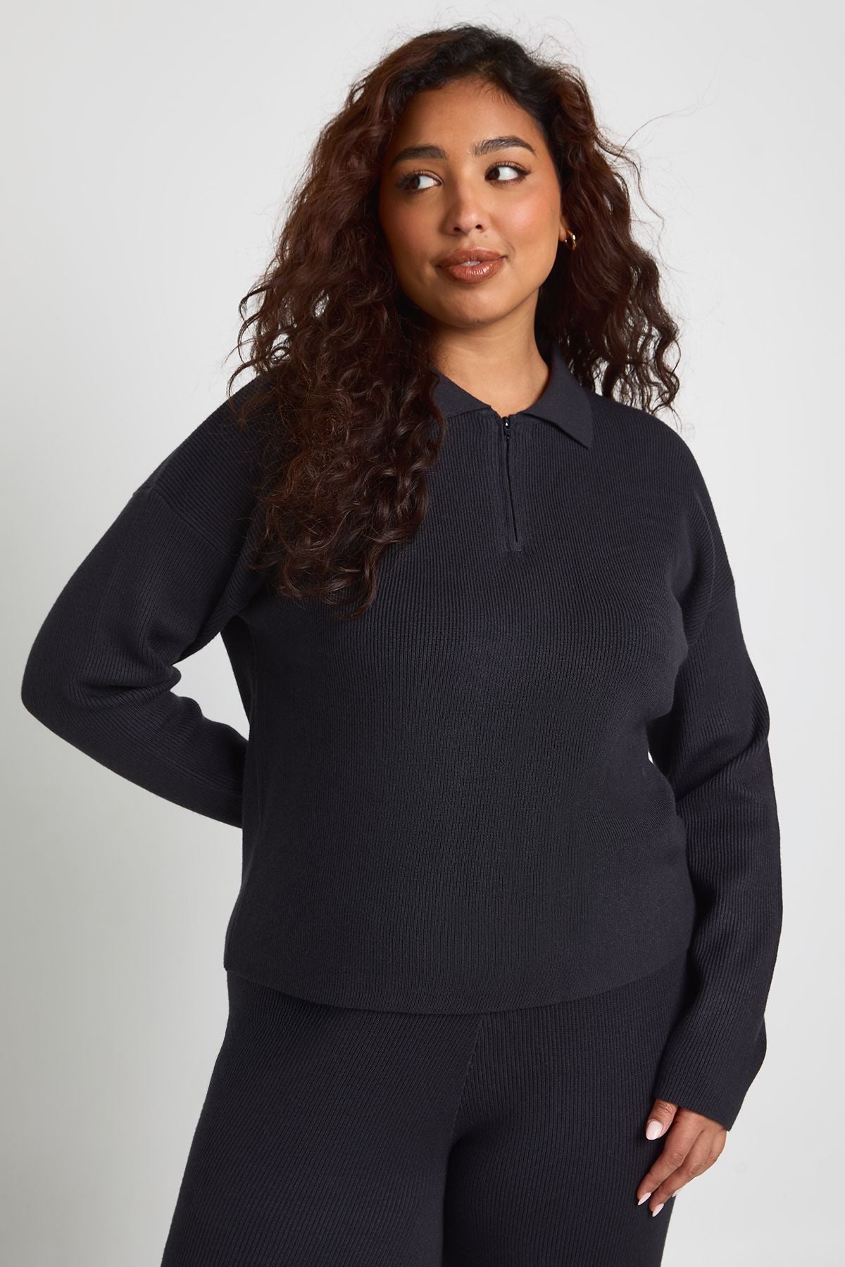 Plus Premium Long Sleeve Collared Rib Knit Top