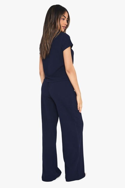 Crinkle Rib Button Through Cap Sleeve Top and Trouser Set