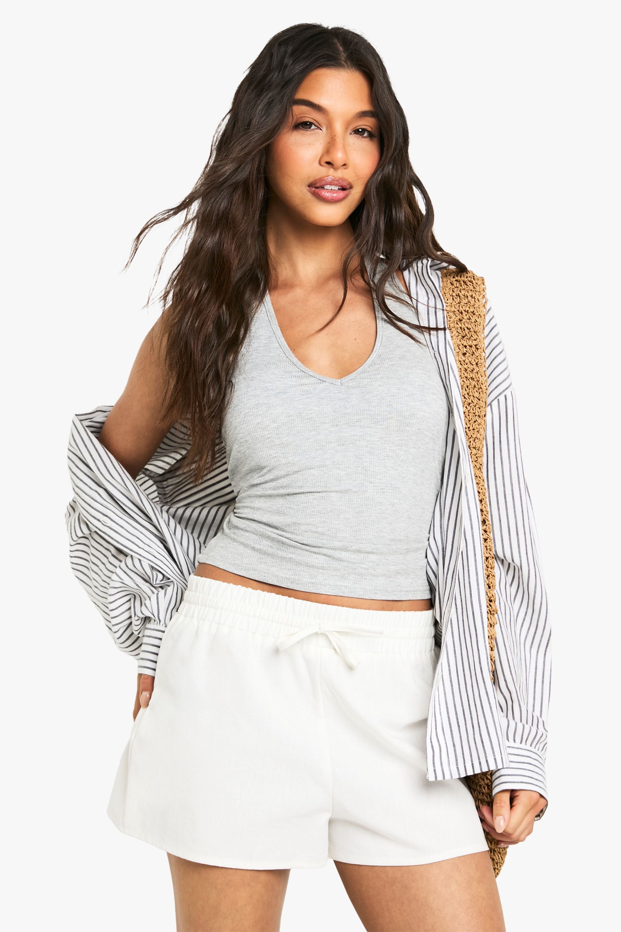 Built In Padded Soft Ribbed Plunge Halterneck Top